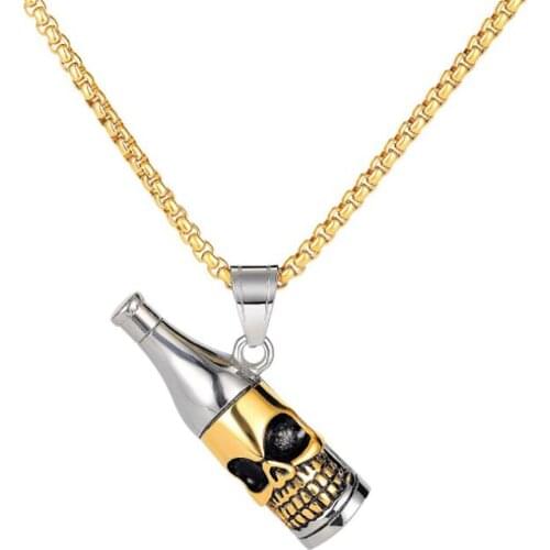 Stainless Steel Gold Skull Punk Rock Beer Bottle Men Pendant Necklace Jewelry Gift For Him with Chain