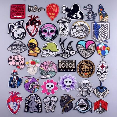 Punk Heart/ Skeleton Patch Skull Embroidered Patch For Clothing Badges Iron On Patches Stripe On Clothes Applique Jacket Patches