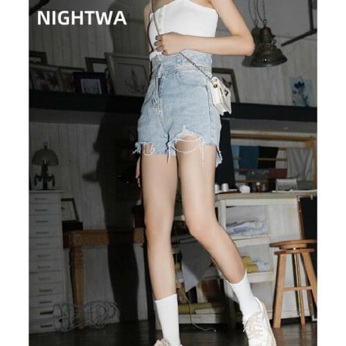 NIGHTWA 2021 Women Chic Fashion Pockets Frayed Hem Light blue summer Denim Shorts Vintage High Waist Zipper Female Short Jeans