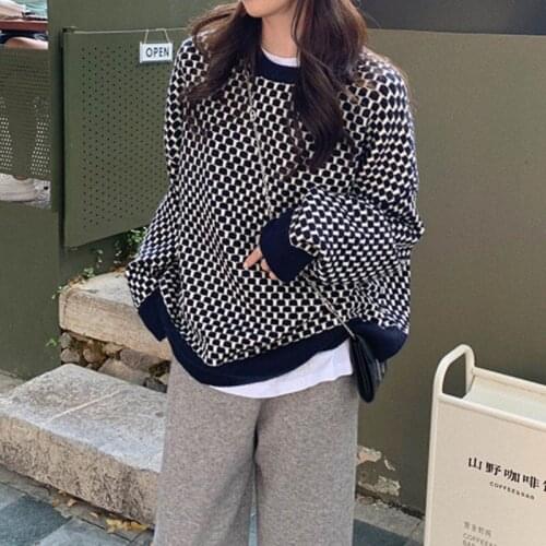 2021 Autumn Winter Plaid Knitted Sweaters Korean O-Neck Women Sweater Tops High Street Casual Warm Pullovers Overalls Outwear