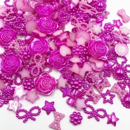 100pcs fushia ABS Resin Half Round flower Bow Alien Pearls For Art Flatback Non Hotfix Rhinestones Pearl Shoes Beads DIY Phone