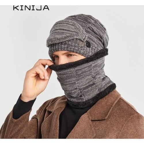 Men Winter Hat And Scraf Set Warm Thick Wool Beanies Knit Skullies Ear Protector Cap Cycling Skiing bucket hat Scarf Face Mask