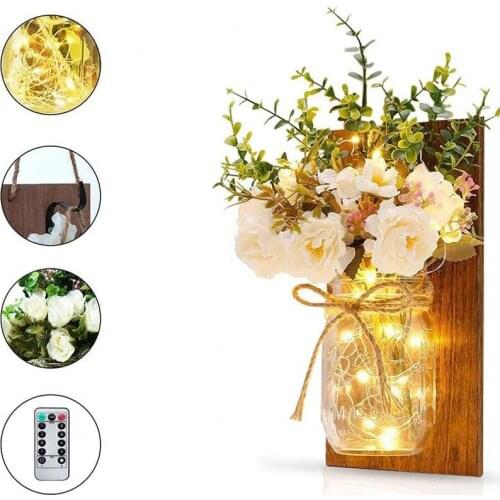 2pcs/lot Wall Lamp Sconces Mason Jar Hanging Remote Control LED Fairy Flower Lights Wall Home Decorations Rose/Peony Lights