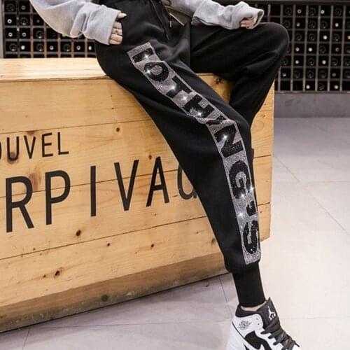 Sweatpants Womens Diamond Knitted Pants Casual Harlan Pants 2021 New Autumn and Winter High Waist Drawstring Loose Printed Pants