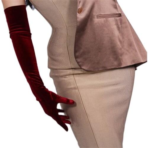60cm Velour Gloves Extra Long Section Wine Red Over Elbow Female High Elastic Swan Velvet Gold Velour Touchscreen Woman WSR03