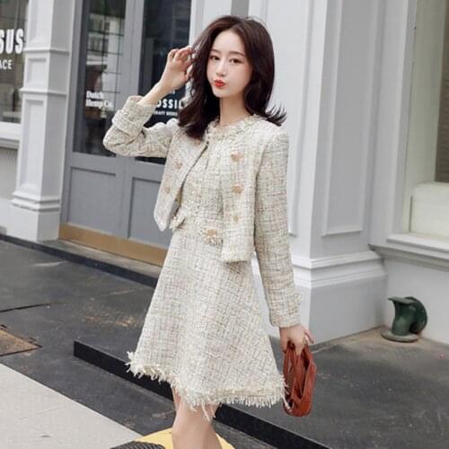 High Quality Women 2 Piece Set Autumn Winter Shiny Gold Tweed Double-Breasted Jacket Coat+ Tassel Short A Line Dress Suits Sets