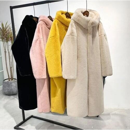 Winter Women High Quality Faux Rabbit Hooded Fur Coat Luxury Long Loose Lapel Overcoat Thick Warm Outerwear Female Plush Coats