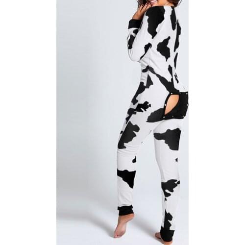 2020 Women Fashion Elegant Casual Cow Print Functional Buttoned Flap Adults Pajamas Jumpsuits Long Sleeve
