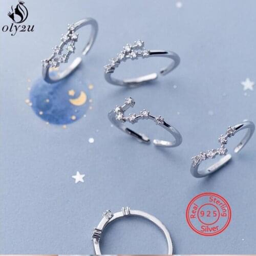 Pure 925 Sterling Silver Rings for Women Fashion 12 Constellation CZ Opening Ring Aries Leo Cancer Libra Zodiac Jewelry Gift