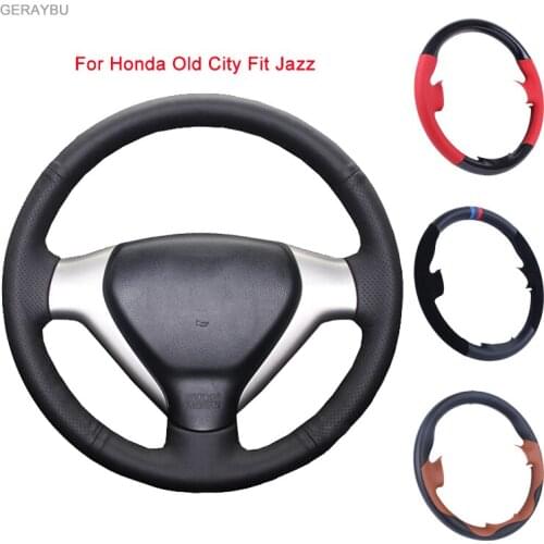 GERAYBU Custom DIY Black Leather Hand-sewn Car Steering Wheel Cover For Honda Old City Fit Jazz Breathable Wear-resistant