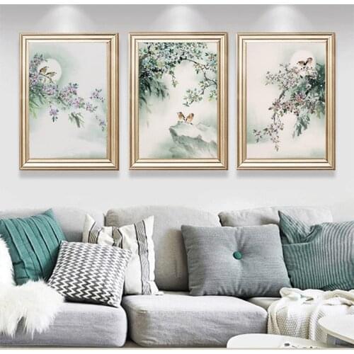 Retro Chinese Style Ink Painting Home Decoration Birds and Flowers Tree Wall Posters Art Picture Leaf Canva Painting Living Room