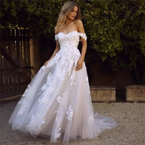 Lace Appliques Wedding Dresses 2021 Off Shoulder Straps Floor Length A Line Bride Dress Princess Wedding Gown Robe De Mariee New