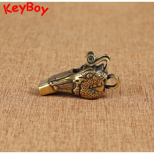Brass Dragon Head Keychain Pendants Outdoor Referee Whistle Vintage Beast Key Chains for Wild Survival Tool Punk Keyring Jewelry