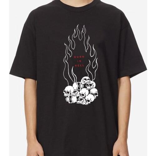 Burn In Hell Mens Skull Flame Print Gothic T-Shirt Short Sleeve Punk Style Streetwear Tee Shirt Grunge Clothes