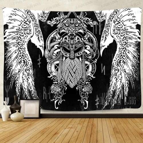 Viking Skull Helmet Tapestry Twins Ravens Nordic Art Wall Hanging For Living Room Bedroom Decor