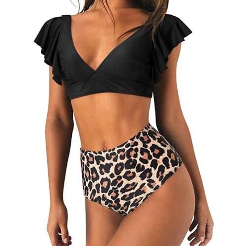 The new leopard swimsuit split high waist two-piece swimsuit lotus leaf flashing vest leaky back