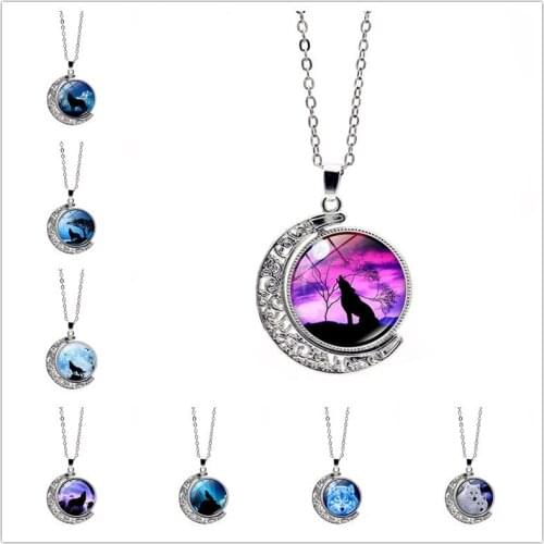 2019 Charm Wolves Howling Pattern Necklace Fashion Moon Double Side Rotation Glass Dome Pendant Necklace For Men Women Jewelry