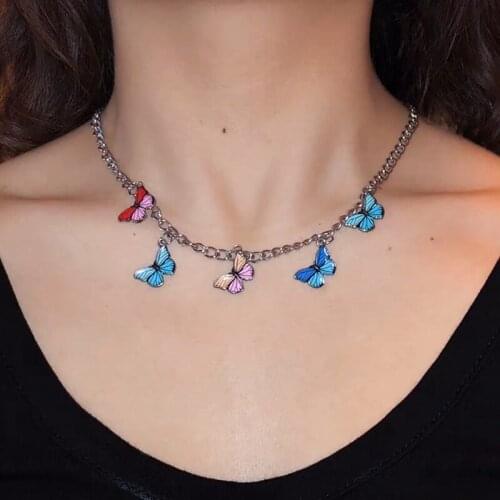 Butterfly Necklace Lady Necklace Retro Butterfly Charm Colorful Animals Alloy Pendant Necklace Choker Necklace