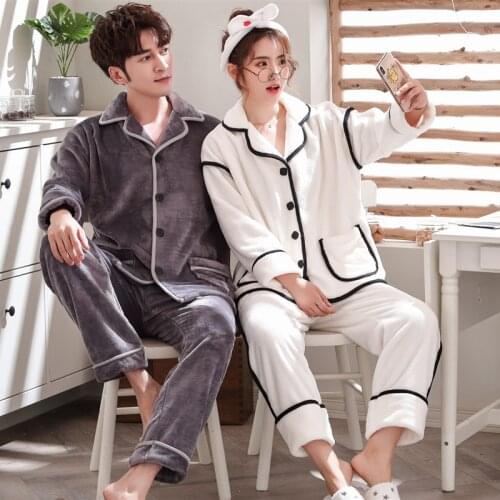 Warm Winter Women Pajamas Set Sleepwear Thick Long Sleeve Flannel Full Trousers Two Piece Pajamas Couple Homewear
