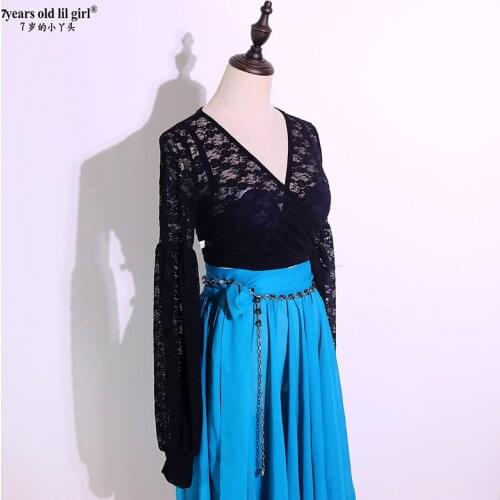 Belly Dance Top 2021 Spring/Summer New Training Suit Korean Lace V-neck Lantern Sleeve GUU10