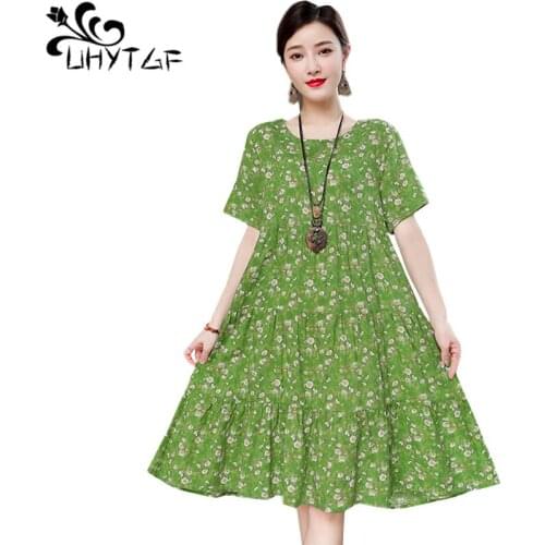 UHYTGF Fashion Print Summer Dresses Womens Cotton Silk Comfortable Sweet Maternity Dress Short Sleeve 5XL Plus Size Dress 1664