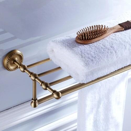 Antique Brass Bathroom Pendant Carved Towel Rack 60cm Retro Bath European Style Towel Shelf Bathroom Towel Holder Black Towel