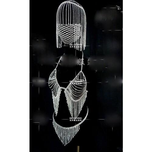 Girl Bar Singer Full Diamond Costume Nighclub sparkly costume Bikini Tassel Drill Gogo Diamond Dress