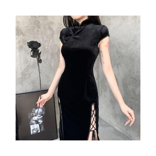 Ruibbit Retro Cheongsam Black Dress Goth High Waist Bandage Patchwork Midi Dress Women Elegant Bodycon Short Sleeve Party Dress