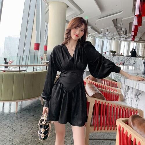 2020 New High End Women Dresses Autumn Vintage Long Sleeve V Neck Office Ladies Runway Party Little Black A Line Dress Vestidos