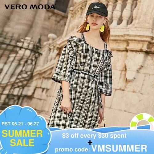 Vero Moda Womens Loose Fit Off-the-shoulder 3/4 Sleeves Plaid Shirt Dress | 31936Z517