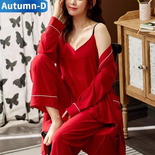 3 Piece Spring Autumn Robes Women Pajama Sets Solid Camisole Trousers Female Suits Sleepwear Sexy Robe Nightgown Cotton Pijama