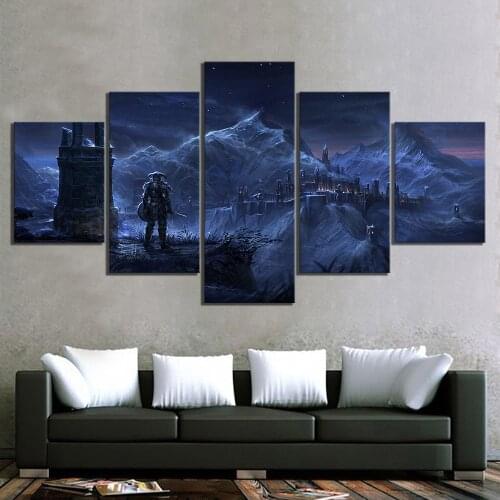 5 Piece HD Pictures The Elder Scrolls V Skyrim Poster Night View Game Scene Pictures Canvas Paintings Wall Art for Home Decor