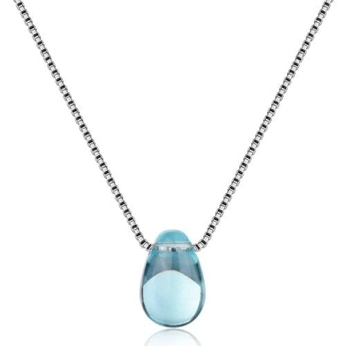6211 100% 925 Sterling Silver Trendy Water Drop Blue Crystal Female Pendant Necklace Jewelry Women Short Chokers Chains