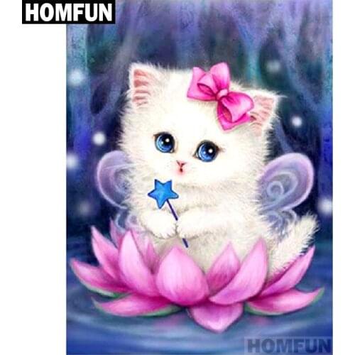 HOMFUN Diamond Painting Full Square/Round Diamond "cat & lotus" Pattern Embroidery Cross Stitch 5D Rhinestone Painting A01192