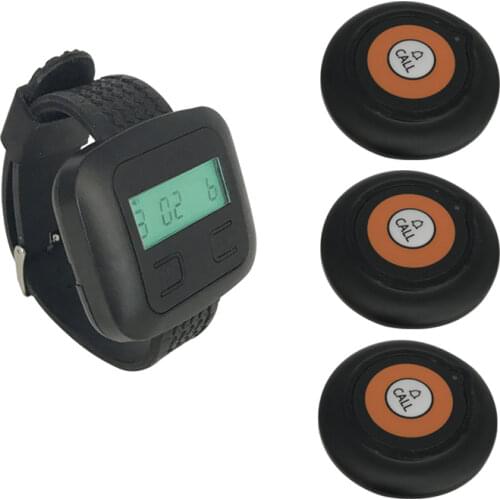 Wireless Call Button Transmitter 1 Wrist Watch Receiver +3 Ultrathin Pagers White Brown Black For Restaurant Coffee Shop