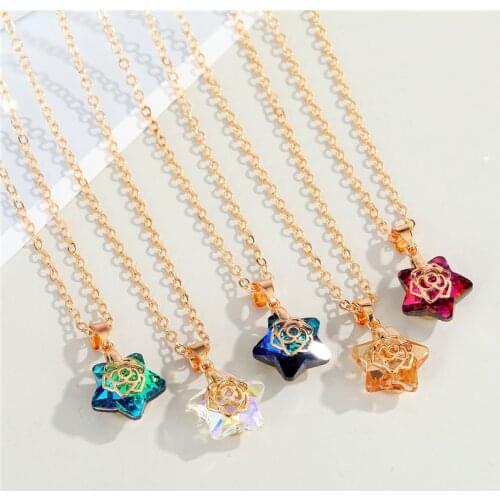 1Pcs Bling Crystal Star Necklace For Women Gift Jewelry Fashion Simple Shiny Flower Geometric Plant Pendant Clavicle Chain N207