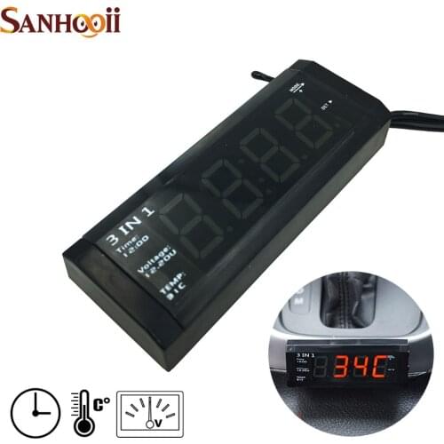 3 In 1 Digital Car Clock Time Thermometer Voltmeter 12V/24V Interior Tem Temperature Voltage Meter LED Display