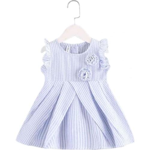 Round Neck Pleated Children Girls Button Placket Dress Kids Flower Decoration Wide Hem Summer Dresses Casual Vacation Dressing