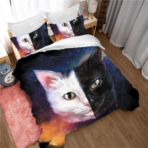 Cute Black and White Cat Print 3pcs Bedding Set Cotton Decoration Bedroom Double Face Cat Quilt Cover & Pillowcase