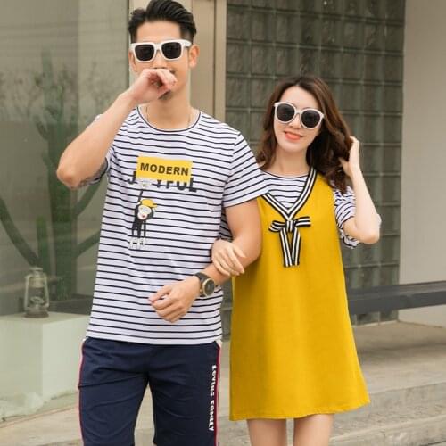 Korean Couple Matching Clothes Striped T-Shirts Dress Sailor College School Lovers Yellow Women Summer Vacation Outfit Wear Set