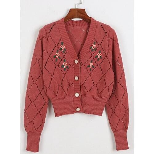 Korean Printed Knitted Sweater Cardigan Jacket Retro Hollow Floral Embroidery Short Knitted Sweater Jacket Long Sleeve Top
