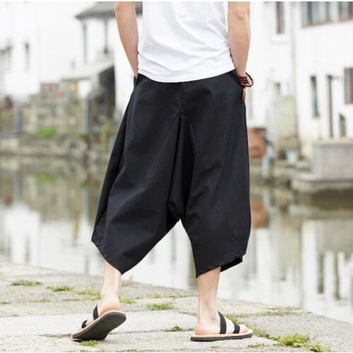 G-LIKE Summer Chinese Style Men Loose Cotton Linen Cropped Trousers Leisure Breathable Knickers Comfortable Martial Arts Pants