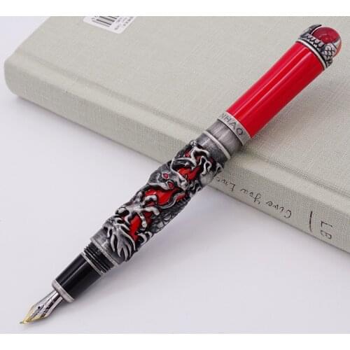 New Luxury Jinhao Dragon King Vintage Fountain Pen Calligraphy Fude Pen, Metal Embossing Red Jewelry on Top, Red Cap Ink Pen