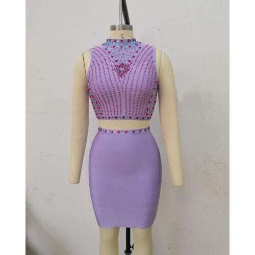2019 New Hot Elegant Beading Design Sexy 2 Pieces O Neck Solid Color Mini Length Bodycon Bandage Dress