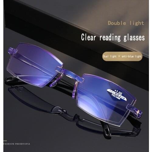 Anti-blue Light Reading Glasses Diamond Rimless Double Light Diopter +1.0 1.5 2.0 2.5 3.0 3.5 4.0 Blue Light Blocking Eyeglasses
