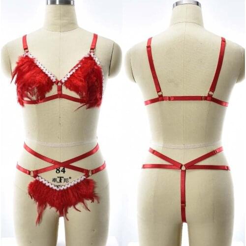 Wholesale 2pcs Women Red Feather Body Harness Set Bra Bondage Lingerie Feather Panties G-String Briefs Breathable Underwear