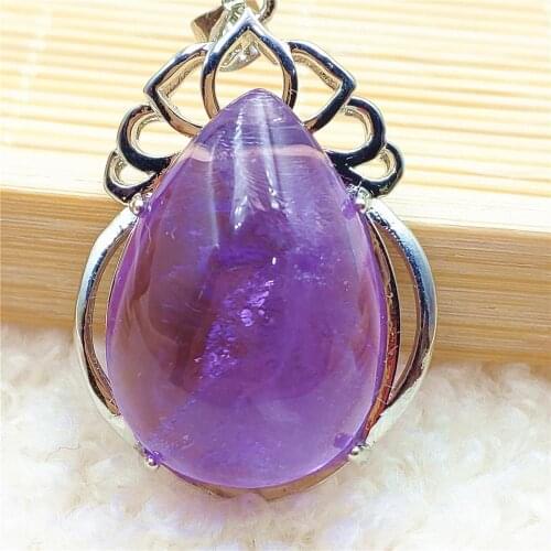 Natural Lavender Purple Amethyst Quartz Water Drop Pendant Women Men 31x22mm Amethyst Necklace Brazil 925 Sterling Silver AAAAA