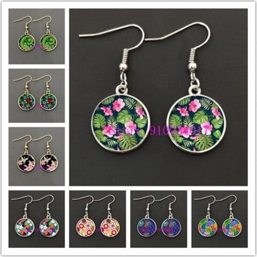 Colorful flower round glass cabochon green plant glass dome making earrings ladies holiday decoration earrings