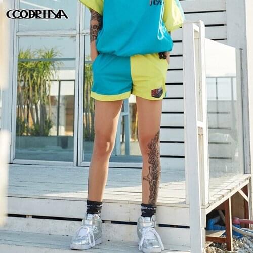 Blue yellow patchwork booty shorts Summer shorts womens clothing sport loose hotpants ladies Hip hop oversized hot shorts femme