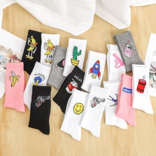 Japanese Summer New Cartoon Funny Socks Letters Banana Lightning Cactus Cute Men Women Korea Kawaii Girl Pink Crew Cotton Socks